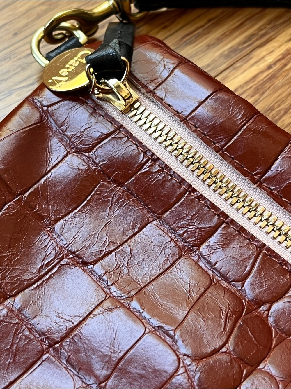 Clare V Croc-Embossed Grande Fanny in Chestnut Brown - Picture 3 of 5